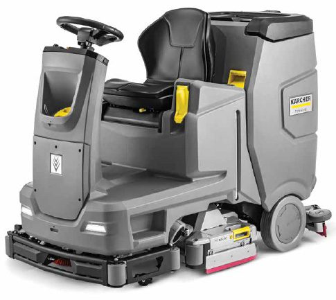 bp-75-110 bp-75-110 scrubber Karcher Ride-On Series forklift or warehouse equipment shown in use at a distribution facility